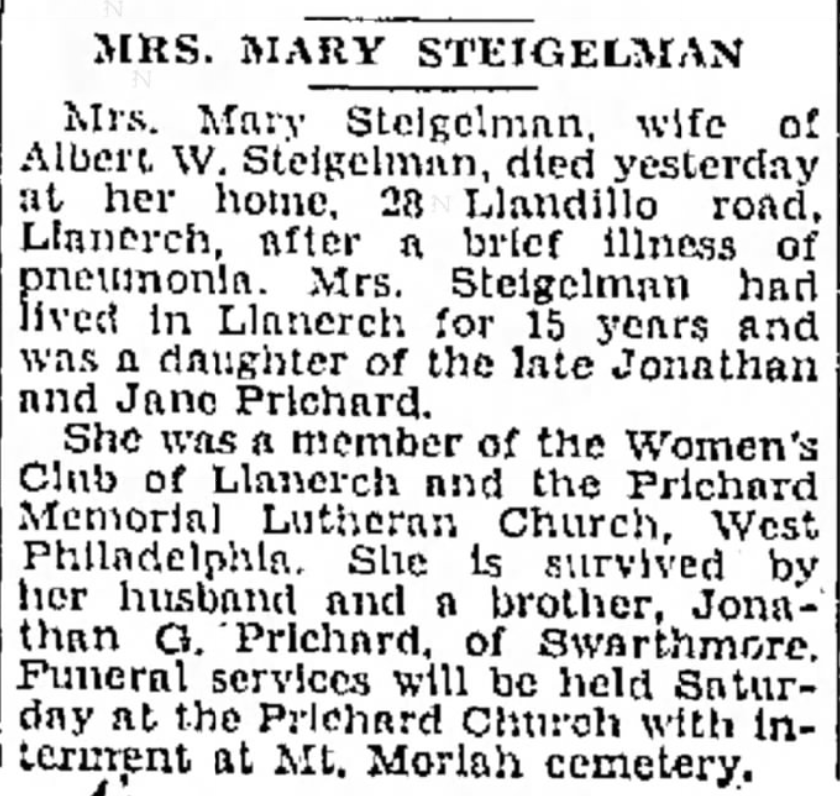 Mary Steigelman dies